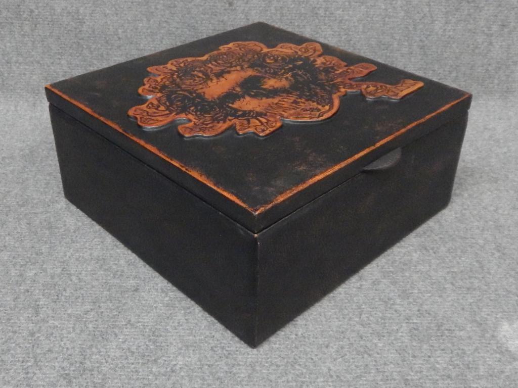 leather box skull with roses in high relief